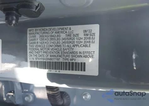 2022 Honda Pilot Awd Special Edition z USA, uszkodzony, nr VIN 5FNYF6H26NB077197